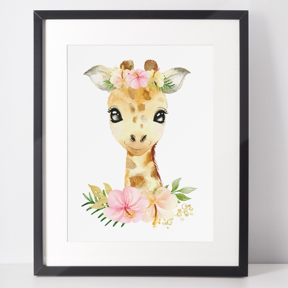 Cute Floral Giraffe Watercolor Wall Art Print Poster Unframed - Picture 3 of 15
